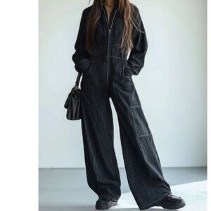 Oyrosy Retro Wide Leg Denim Jumpsuit Size M Dark Wash Black Zip Front Utility